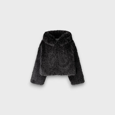Leyana – Oversize-Jacke aus Kunstfell mit Kapuze in Rauchgrau