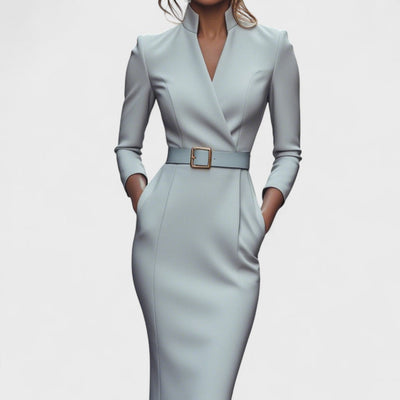 Mandarin - Elegantes Schwarzes Kleid mit Gürtel und Stehkragen