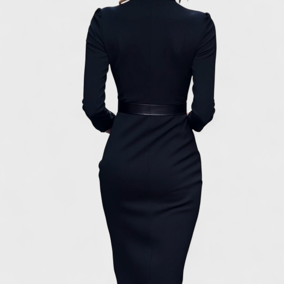 Mandarin - Elegantes Schwarzes Kleid mit Gürtel und Stehkragen