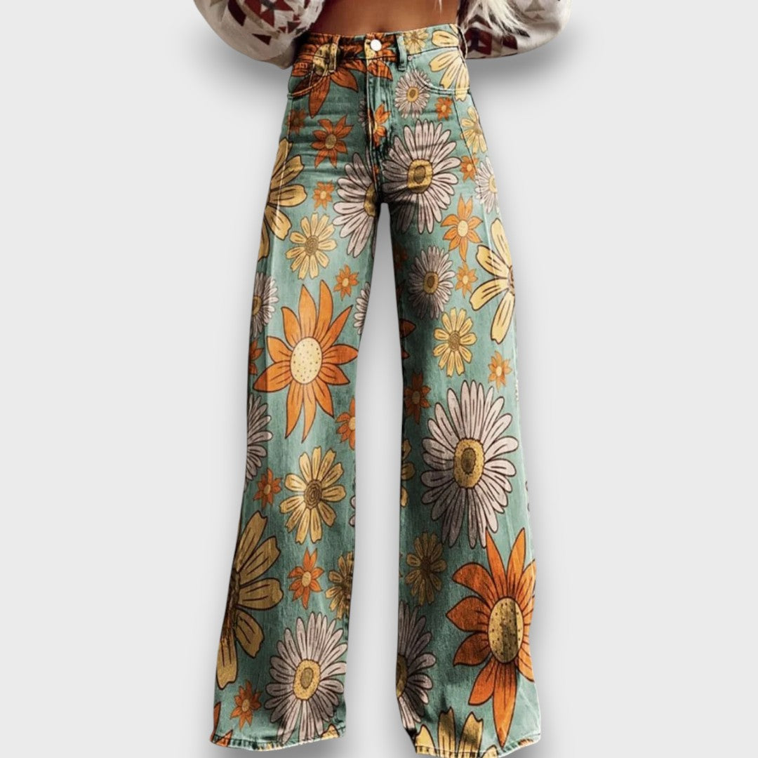 Fiorella – Jeans mit weitem Bein und retro Blumenmuster