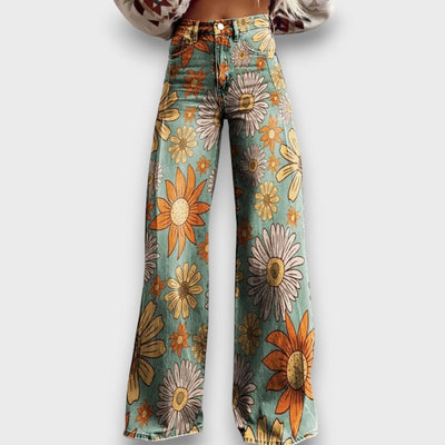 Fiorella – Jeans mit weitem Bein und retro Blumenmuster