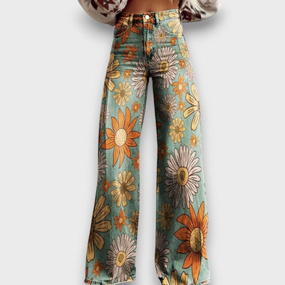 Fiorella – Jeans mit weitem Bein und retro Blumenmuster