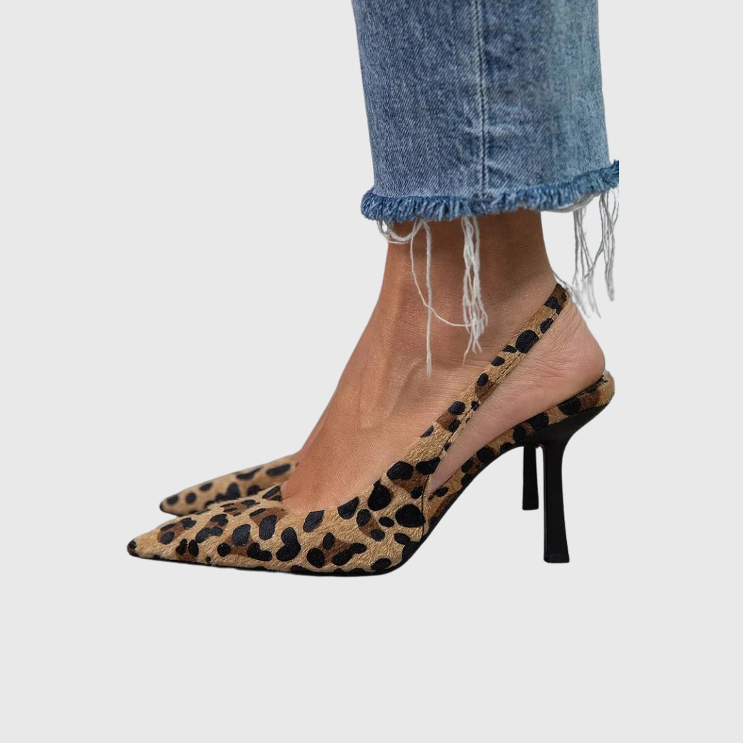 Seda - Khakifarbene Stiletto-Schuhe mit spitzer Zehenpartie und Leopardenmuster