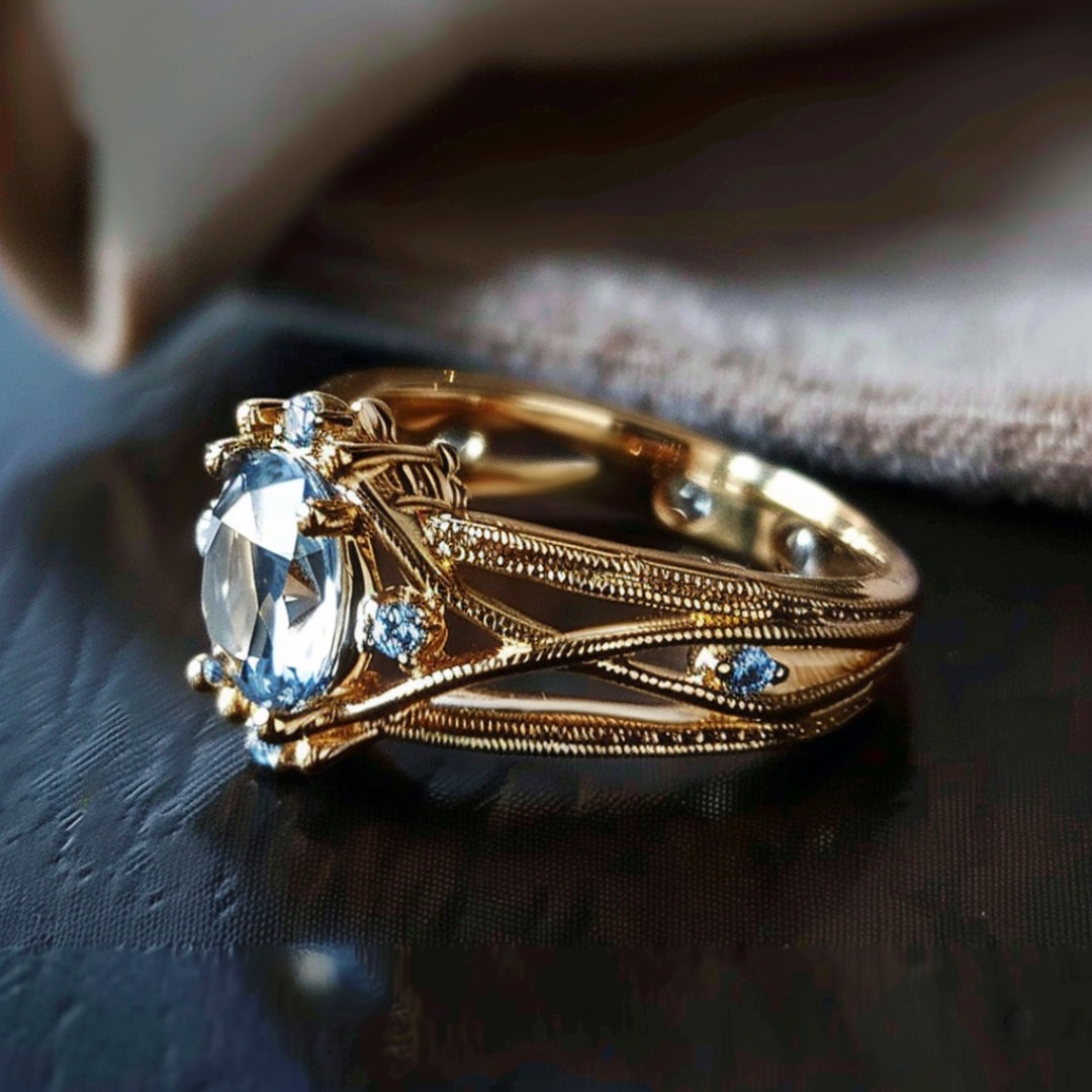 Goldplattierter Ring mit Blauem Glasinlay