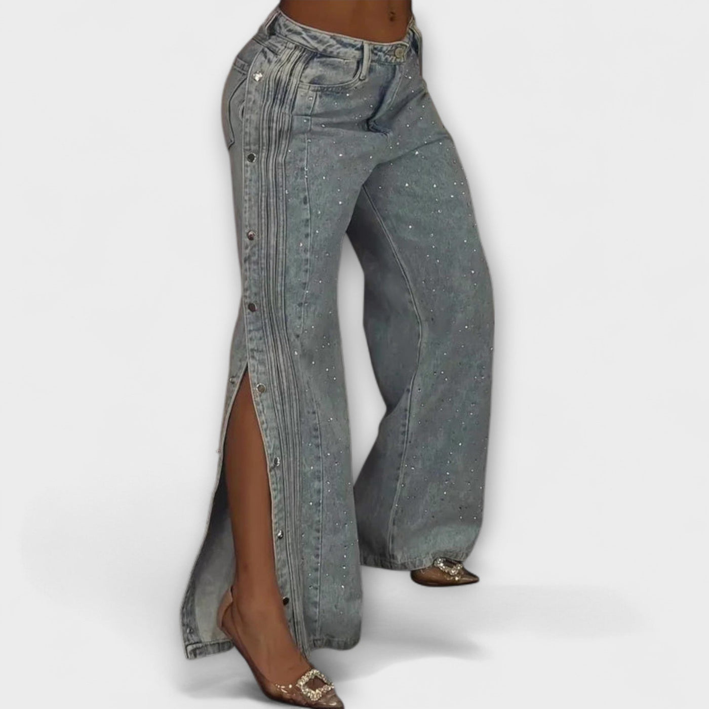 Nola - Hochtaillierte Jeans mit Strassdekorationen und seitlichen Knöpfen