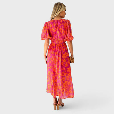 Katty - Midi-Kleid mit floralem Muster, Puffärmeln und V-Ausschnitt