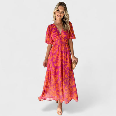 Katty - Midi-Kleid mit floralem Muster, Puffärmeln und V-Ausschnitt