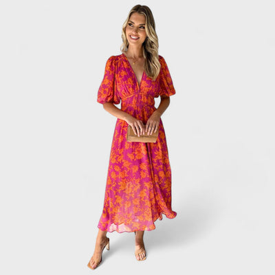 Katty - Midi-Kleid mit floralem Muster, Puffärmeln und V-Ausschnitt