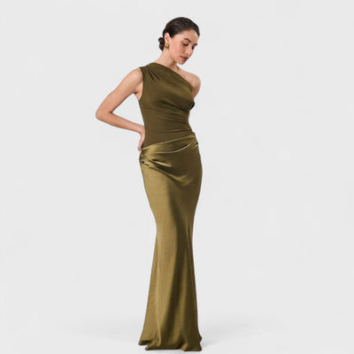 Amber - Langes, einseitiges Satin-Kleid