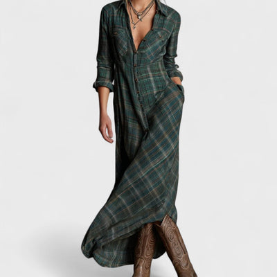 Lange - Langes Kleid mit grünem Karree-Revers