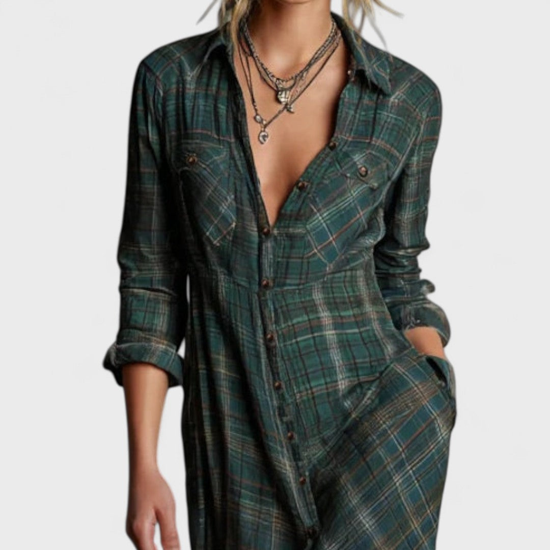 Lange - Langes Kleid mit grünem Karree-Revers