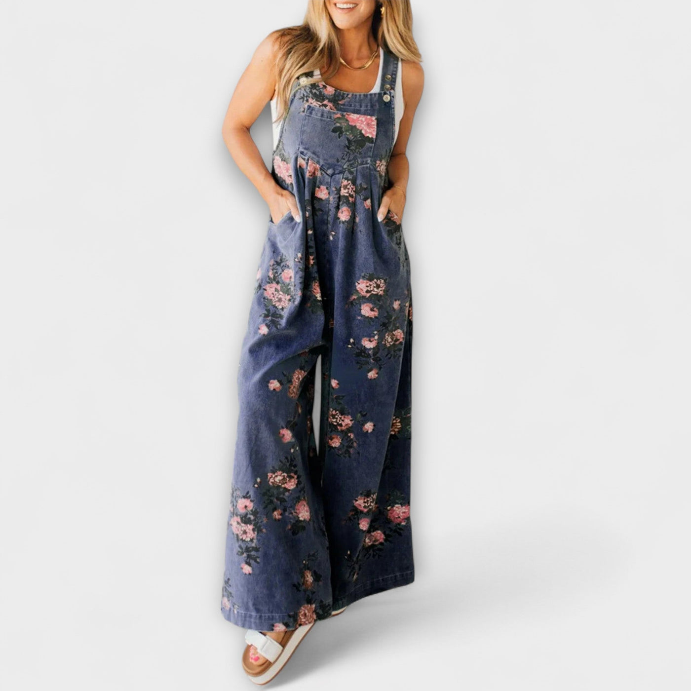 Bethany - Latzhose aus Denim mit Blumenmuster